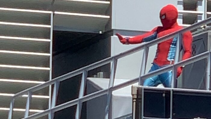 Spider-man on roof-top in Avengers Campus at Disney California Adventure Park