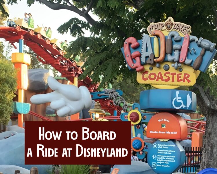 Photo of Chip and Dales Gadget Coaster in Mickey’s Toontown at Disneyland in California with title “How to Board a Ride at Disneyland”