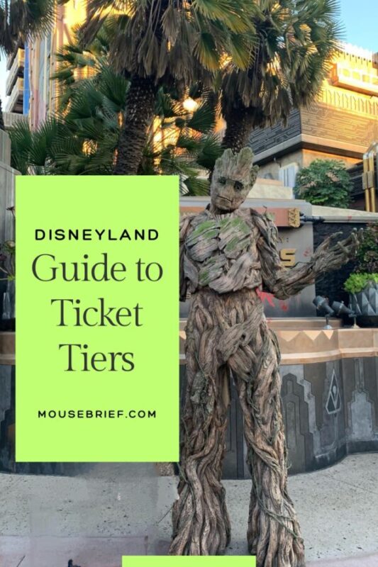 Photo of Groot character outside of Guardians of the Galaxy MIssion Breakout! Landscaping and attraction building in the background. Green box with title that says “Disneyland, Guide to Ticket Tiers, mousebrief.com”