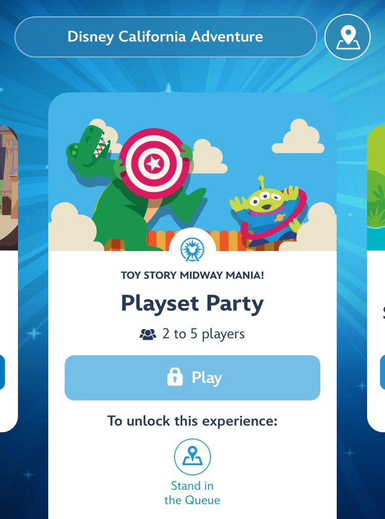 Screenshot from Play Disney Parks app, one fun way to spend time enjoying waiting in line at Disneyland Park and Disney California Adventure Park. This screen shows the Playset Party game for the queue at Toy Story Midway Mania.