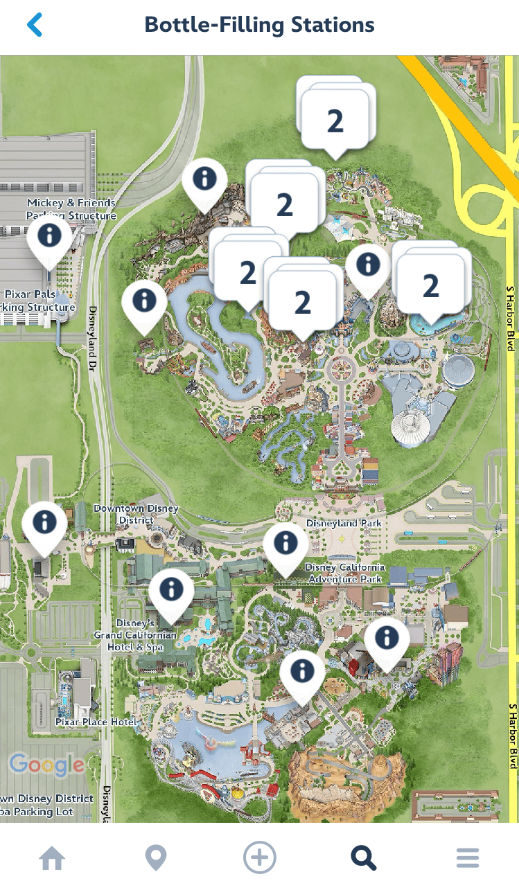 Screenshot showing map of water bottle filling stations at Disneyland Pak, Disney California Adventure Park and Downtown Disney District. Illustrates articles encouragement to bring and refill water bottles at Disneyland.