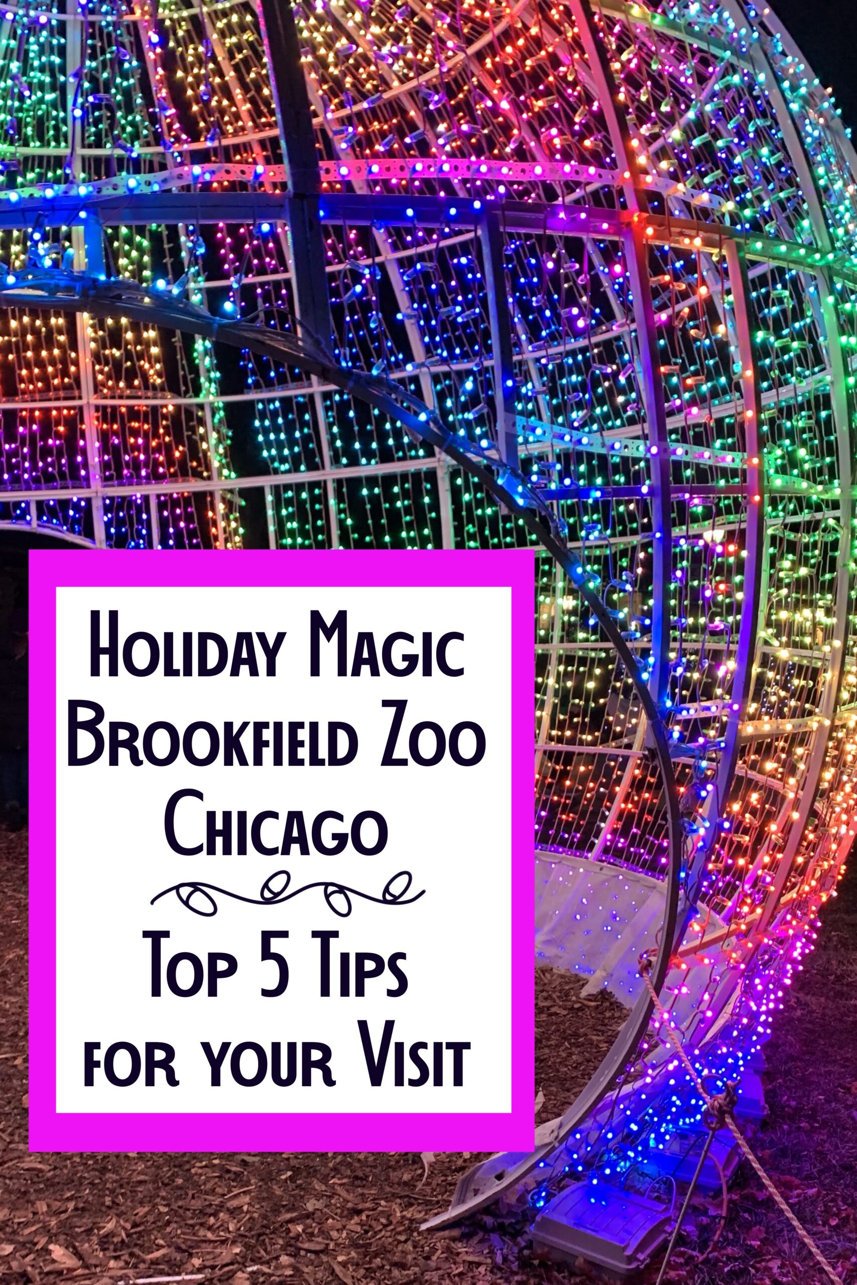 Photo of Giant Orb of lights at Brookfield Zoo Chicago with title “Holiday Magic Brookfield Zoo Chicago - Top 5 Tips for Your Visit”