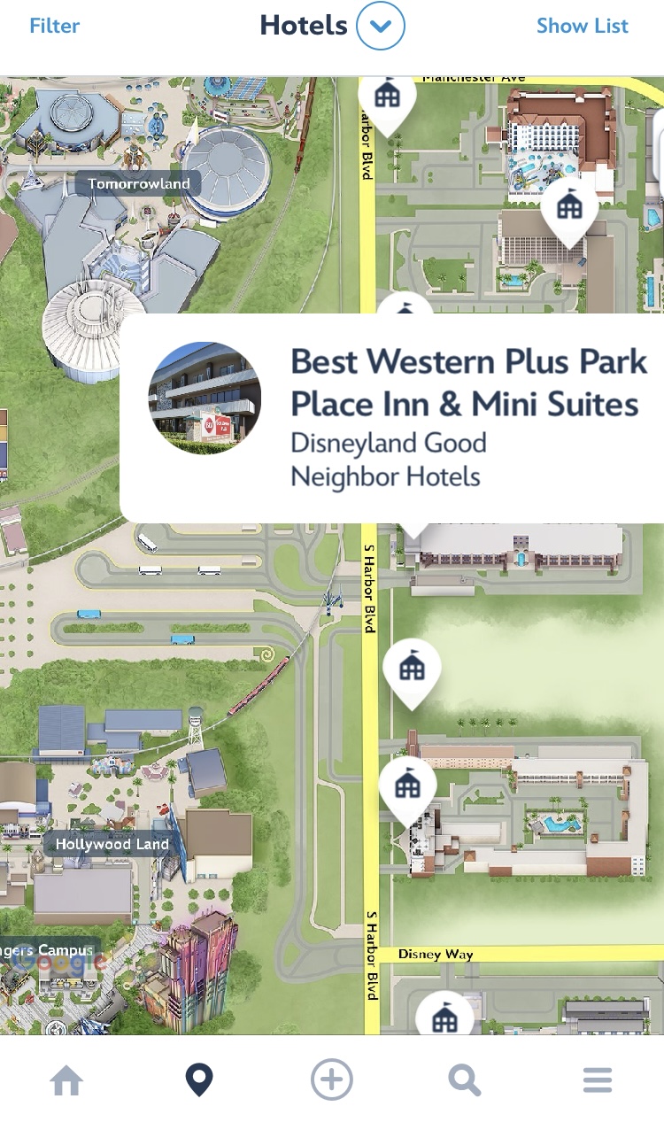 Screen shot from Disneyland app of the location of Best Western Plus Park Place Inn and Mini Suites across the street from Disneyland Park and Disney California Adventure Park.