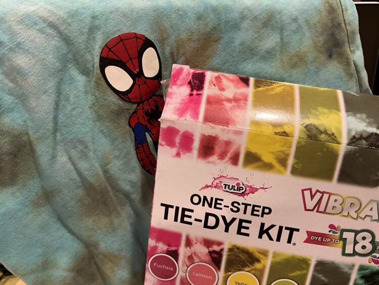Tie Dye Shirt with Spier Man Decal and Tie Dye Kit to Show Recommended Products from Mouse Brief.