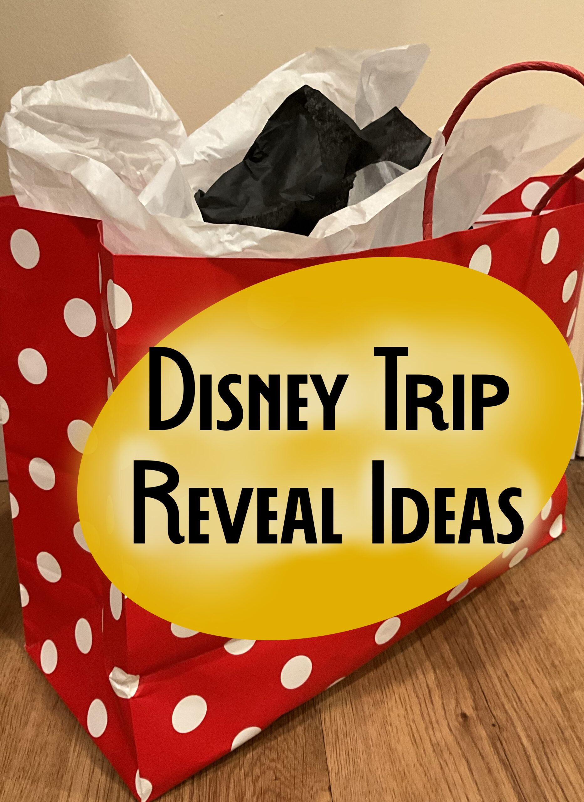 Picture of red polka dot gift bag with title “Disney Trip Reveal Ideas”