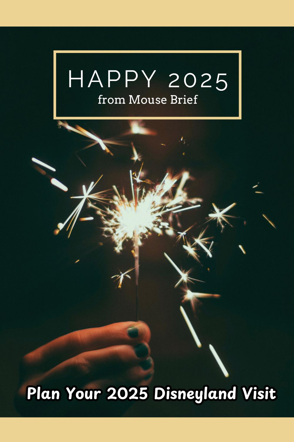 Title photo with text “Happy 2025 from Mouse Brief. Plan your 2025 Disneyland visit.” In the background there is a photo of a hand holding a sparkler.