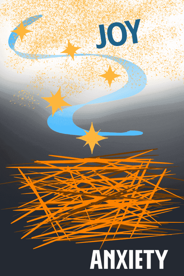 graphic depiction of emotions with the titles “joy” and “anxiety” to visually express feelings for the Inside Out 2 discussion guide. Joy is a blue gentle swirl with yellow stars and anxiety is chaotic orange slashes on a dark background