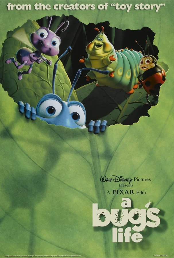 Movie poster for A Bug’s Life courtesy of Walt Disney Pictures and Pixar Animation Studios. Shows Flik, Dot and Heimlich peeking out of a chewed hole in a leaf.