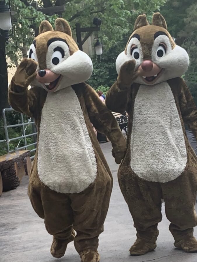 Photo of Chip and Dale walking down a pathway in Grizzly Peak at Disney California Adventure Park.