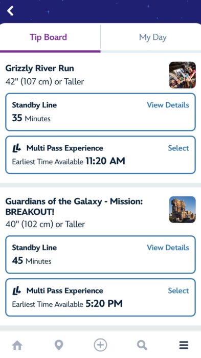 Screenshot from Disneyland app showing “tip board” screen. The tip board lists attractions at Disney California Adventure Park and shows the standby wait times as well as the available reservation windows for Lightning Lane Multi Pass.