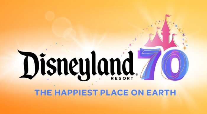 Logo from Disneyland’s 70th anniversary courtesy of the Walt Disney Company. Includes pink icon of Sleeping Beauty Castle over number “70”. Text reads “Disneyland Resort 70, The Happiest Place on Earth