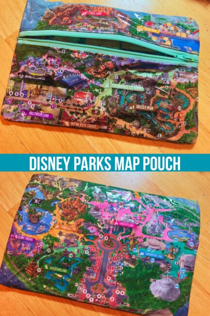 Photo showing front and back of a finished zipper pouch made out of maps from Disneyland Park and Disney California Adventure Park.