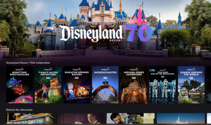 Screenshot of Disney+ screen dedicated to Disneyland’s 70th anniversary. It shows Sleeping Beauty Castle, a title reading “Disneyland Resort 70” and a selection of videos described in the article on Disney+ and preparing for Disneyland