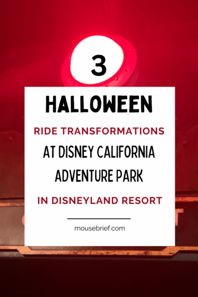Photo of gantry lift and red light in the queue area for Guardians of the Galaxy ride. Title says “3 Halloween Ride Transformations at Disney California Adventure Park in Disneyland Resort, mousebrief.com”