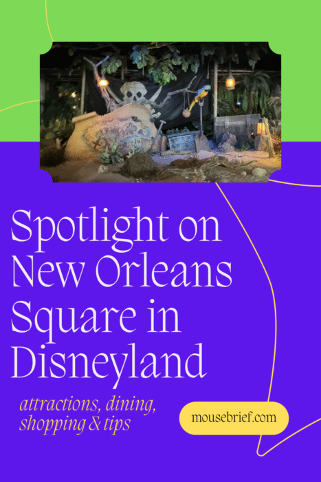 Photo from Pirates of the Caribbean ride with text “Spotlight on New Orleans Square in Disneyland: attractions, dining, shopping and tips.”