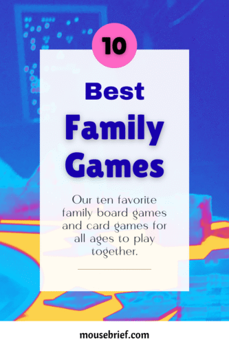 Abstract neon background of games pieces with title “10 Best Family Games: Our ten favorite board games and card games for all ages to play together”