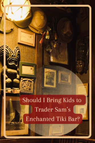 Photo of the decor on the walls of Trader Sam’s Enchanted Tiki Bar in Disneyland with title “Should I Bring Kids to Trader Sam’s Enchanted TIki Bar”