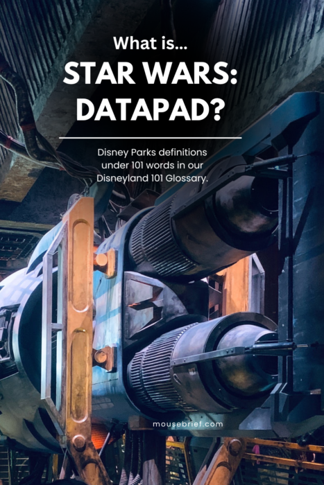 Photo of queue area in Millennium Falcon: Smugglers run at Disneyland Park with the title “What is Star Wars: Datapad?” Disney parks definitions in under 101 words in our Disneyland 101 Glossary”