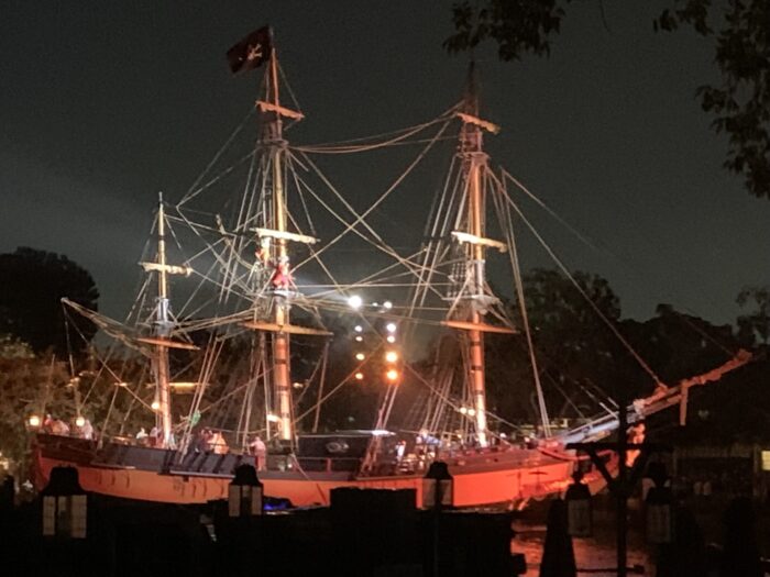 Actors in Fantasmic! show on Sailing Ship Columbia on the Rivers of America in Disneyland Park.