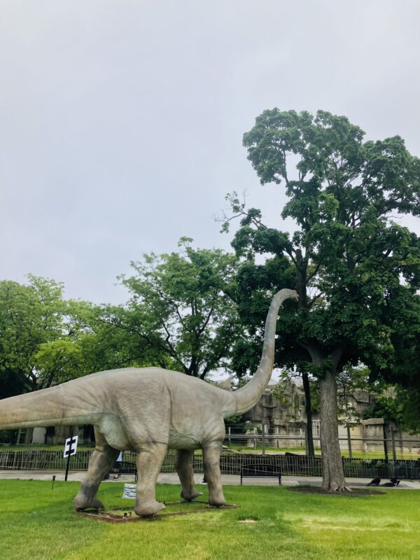 Sauropod dinosaur figure reaching towards trees at Brookfield Zoo Chicago