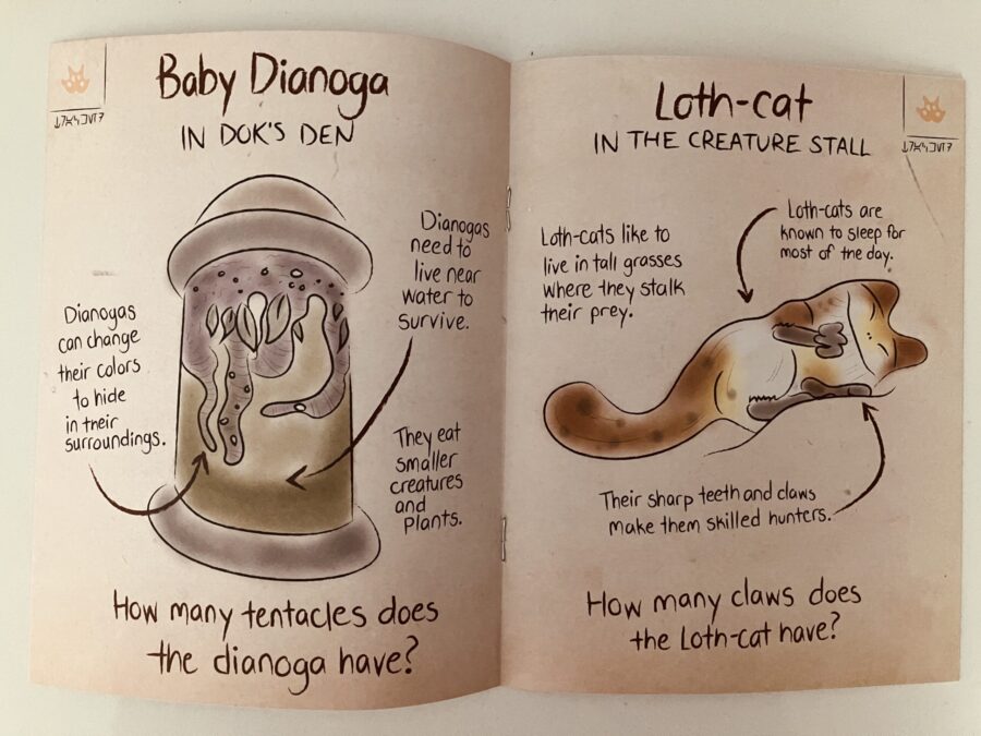 Photo of an interior spread from Bina’s Guide to the Creatures of Batuu. The photo shows sketches of Baby Dianoga and Loth-Cat.